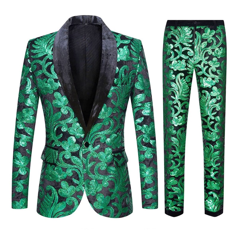 NWT CARFFIV Mens Green Sequin Floral 2-Piece Suit Shawl Collar Tuxedo Large 42